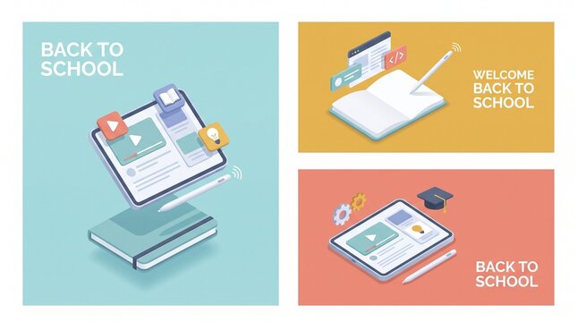 Students engaging with digital educational tools and tablets in a modern virtual learning environment for back to school season featuring a clean isometric design with books and study icons