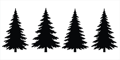 Obraz premium Four black silhouette pine trees in a row on a white background Keywords: pine tree, evergreen, conifer, forest, nature