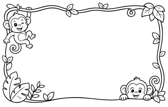 Monkey border frame illustration featuring cute cartoon primates and tropical jungle vines for children coloring pages