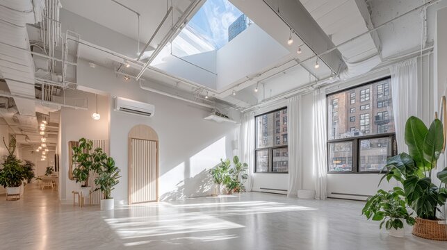 Bright modern loft studio with large windows and skylight.