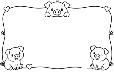 Cute pig border frame featuring adorable cartoon piglets and hearts for creative kids party invitations © Hokyubi