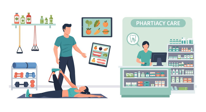 Physical therapist assisting patient with exercise and pharmacist at counter.