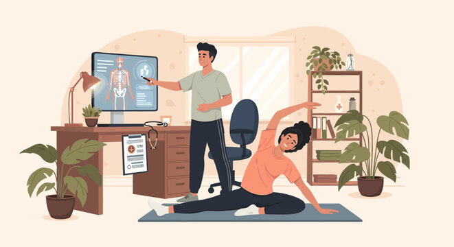 Fitness instructor guiding woman through exercise routine at home.