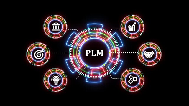 Product lifecycle management plm concept with colorful neon glowing digital gear.