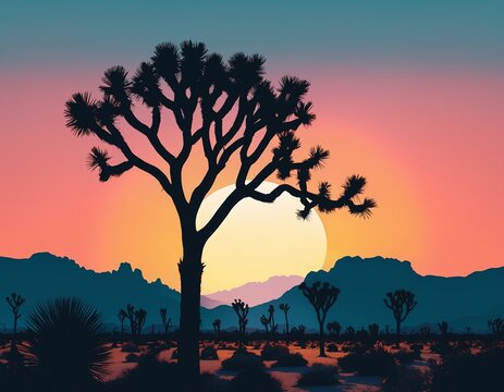 Vintage travel poster style illustration of flat vector graphic of a serene sunset at joshua tree national park
