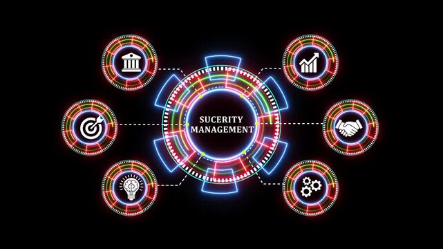 Abstract security management animation with data flow and business icons futuristic display.
