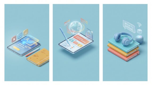 3D isometric illustrations showcasing modern digital education tools featuring tablets with stylus pens and stacks of colorful textbooks with headphones for online learning and virtual study