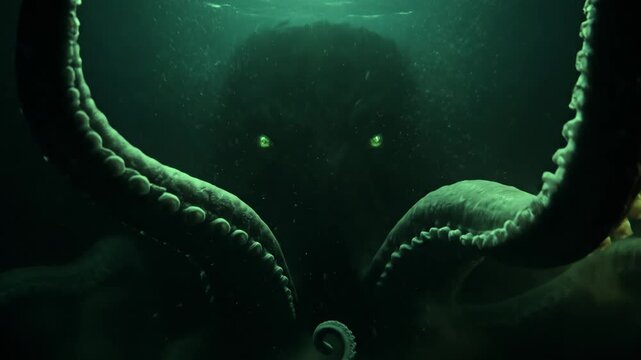 A dramatic close-up showing the textured, massive tentacles of a gargantuan sea creature rising from the murk, accompanied by piercing, glowing eyes. This high-tension asset captures the overwhelming 