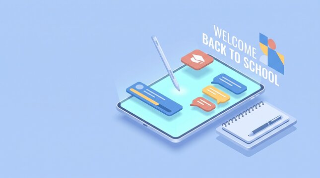 A student digital tablet with a stylus pen sits beside a spiral notebook on a soft blue background in this minimalist 3D illustration celebrating the welcome back to school season concept