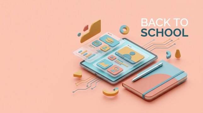 A 3D digital illustration representing a modern back to school concept featuring an electronic tablet with educational software icons and a notebook with a pen on a soft pastel background