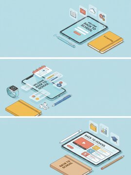 A digital collection of student supplies including mobile devices tablets smartwatches and notebooks arranged for the back to school season featuring a modern professional study aesthetic