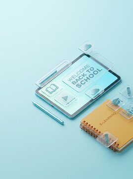 A student digital workspace featuring a modern tablet with Welcome Back to School displayed on the screen next to a notebook, creating an organized and motivational educational concept setup