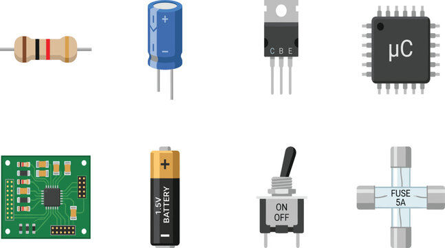 Electronic Components Icons Set with Circuit Board, Microcontroller, Battery and Electrical Parts