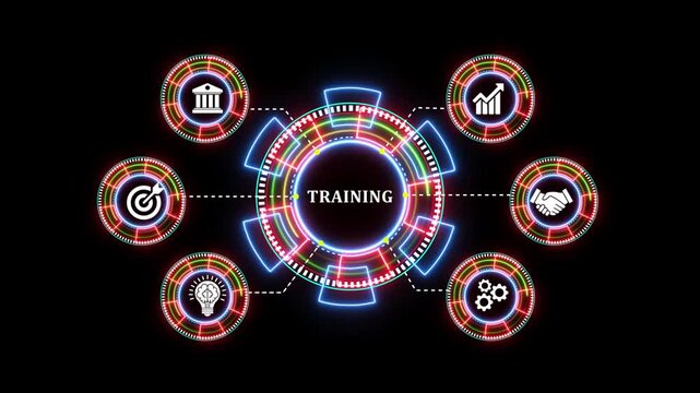 Abstract training animation with icons over black background for business education footage.