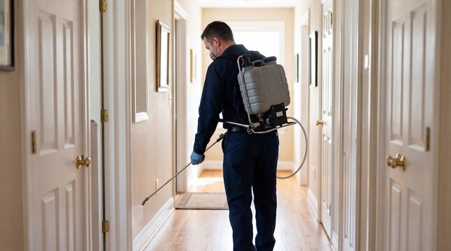 Professional pest control technician spraying insecticide in a home hallway