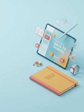 A student educational workspace featuring a digital tablet with Back to School interface floating icons a stylus pen earbuds and a yellow notebook on a soft blue background
