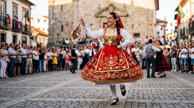 Portuguese folk dancer in traditional Minho costume at a regional festival