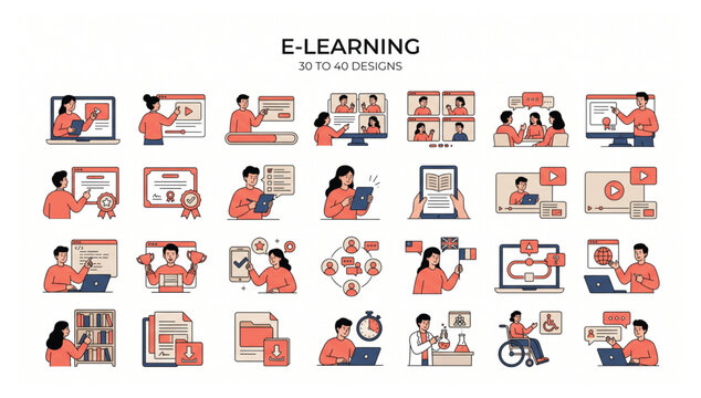 Modern e-learning and distance education vector graphic bundle with e-learning education learning classroom training internet computer knowledge academic technology university research