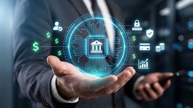 Businessman holding virtual holographic banking icon representing digital fintech technology