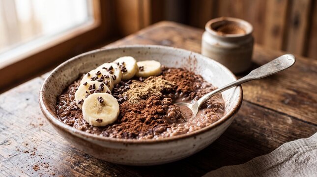 Healthy chocolate oatmeal bowl topped with banana slices and cacao powder.