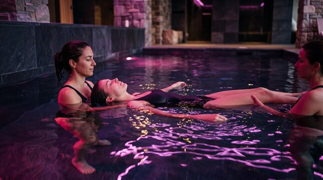 Woman floating during a Watsu water therapy session in a luxury spa pool.