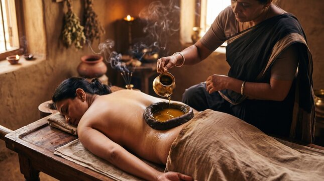 Ayurvedic Kati Basti treatment with warm herbal oil poured on a woman's back