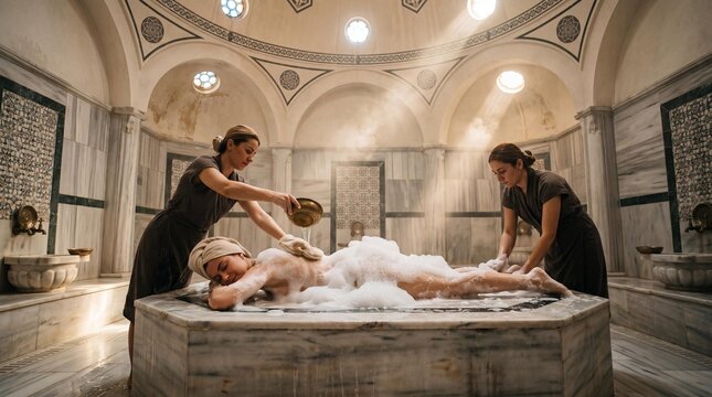 Woman receiving a traditional foam massage in a luxury Turkish hammam spa