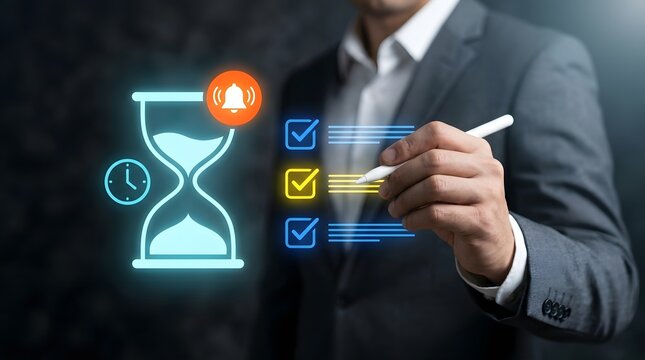 Businessman managing time and completing task list on virtual interface with hourglass