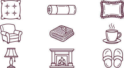 Fototapeta premium A collection of cozy home interior including a pillow, bolster, armchair, blanket, cup, lamp, fireplace, and slippers in line style