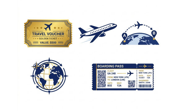 Premium Travel Voucher Ticket and Plane Route Icon Set Vector