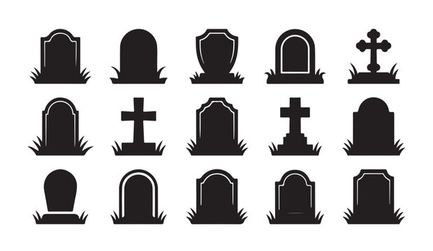 Set of black silhouette gravestones and tombstone icons for cemetery design and graphics.
