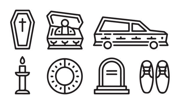 Funeral outline icon set featuring coffin body vehicle candle wreath tombstone and shoes.