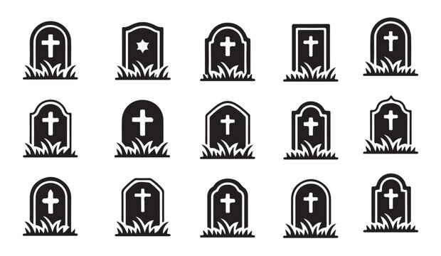 Collection of various headstone icons isolated on white background for cemetery designs.