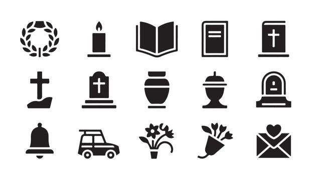 Funeral set of fifteen flat black vector icons depicting mourning and bereavement symbols.