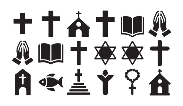 Set of religious icons featuring crosses churches praying hands stars and sacred objects.