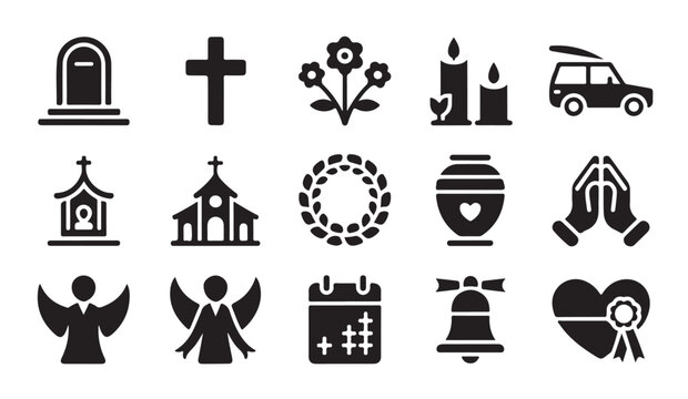 Memorial and funeral icon collection featuring churches wreaths and urns for burial rites.