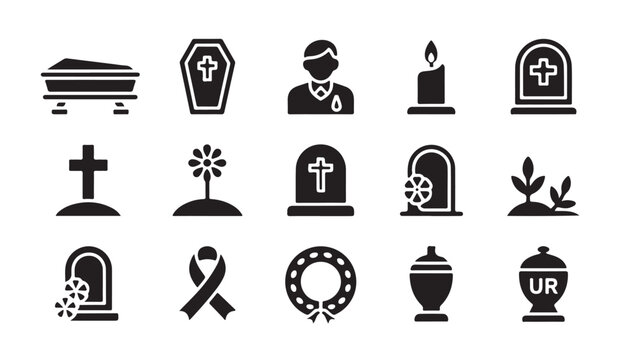 Set of funeral and death related icons featuring coffins tombstones candles and flowers.