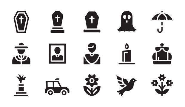 Collection of funeral service icons including coffins tombstone ghost umbrella and dove.