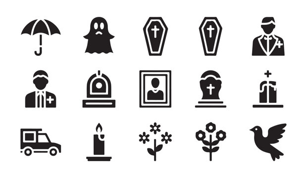 Funeral theme icon set featuring umbrella ghost coffins mourning portraits and flowers.