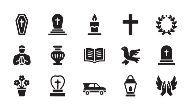 Cemetery and funeral service icons set with coffins tombstones urns and prayer hands.