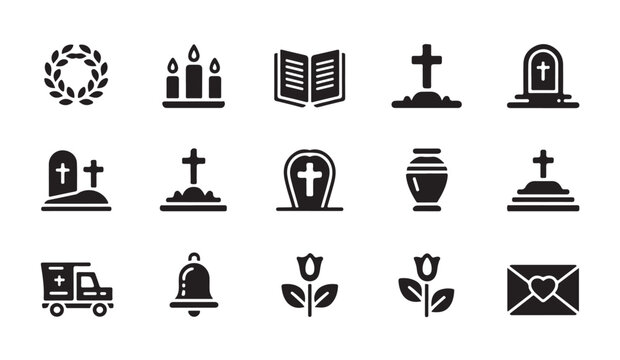 Funeral and burial service icons with candles books graves and floral arrangements set.
