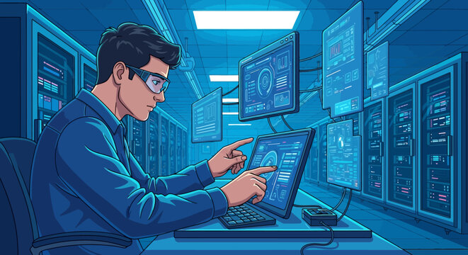 Man working on laptop in server room with data on screens.