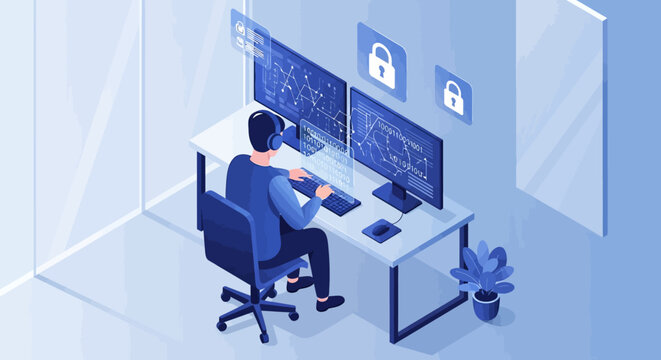 Cybersecurity professional working on multiple computer screens at a desk.