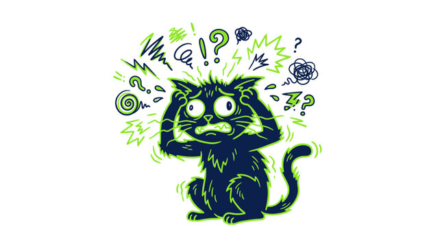 Stressed Cat Illustration: Anxiety and Overwhelm with Question Marks and Exclamations