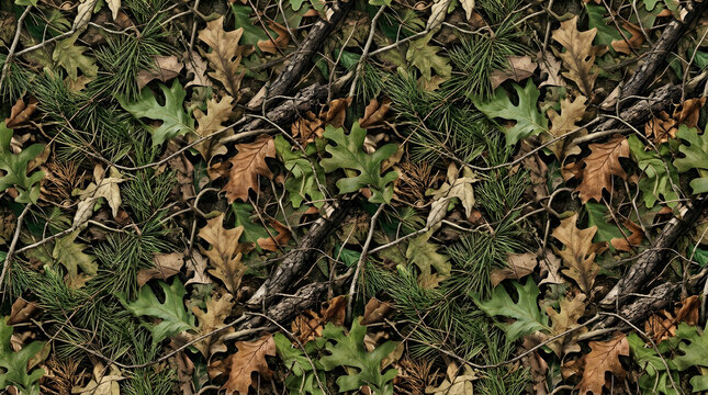 Seamless forest camouflage pattern with oak leaves and pine needles