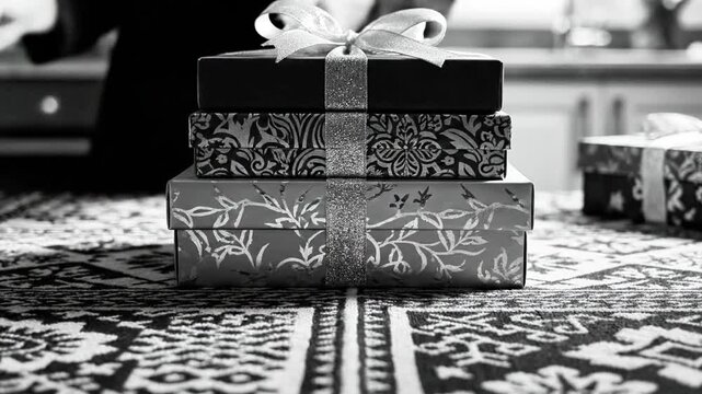 A person's hands hold stacked, elegantly wrapped gifts on a patterned surface