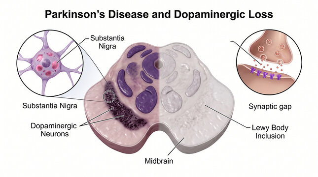 Parkinson's Disease Brain Midbrain Dopaminergic Loss Diagram