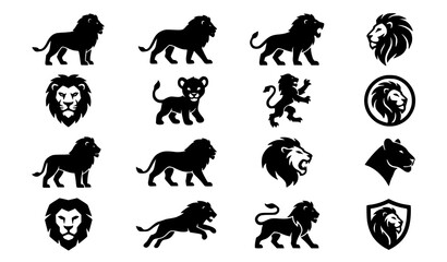 Obraz premium Minimal lion silhouette collection with lion head wildlife logo and vector icon set