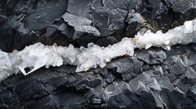 White quartz vein in dark rock close up
