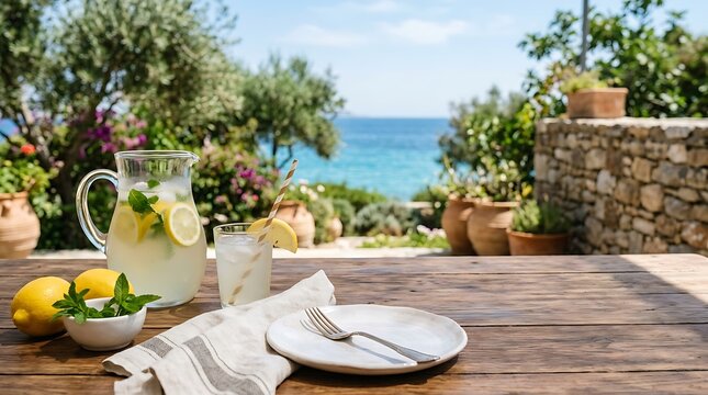 Refreshing homemade lemonade pitcher and glass on a rustic wooden table, with an empty plate, napkin, and lemons overlooking a scenic, sunny Mediterranean sea and olive trees.
